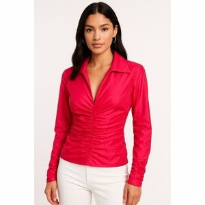 TADASHI Shoji x Vintage 90s Ruched Deep V Satin Raspberry Zip Black Blouse